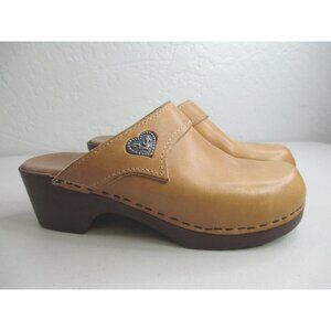 Anna Clogs Open back brown leather heart accent synthetic heel sz 37 6-6.5